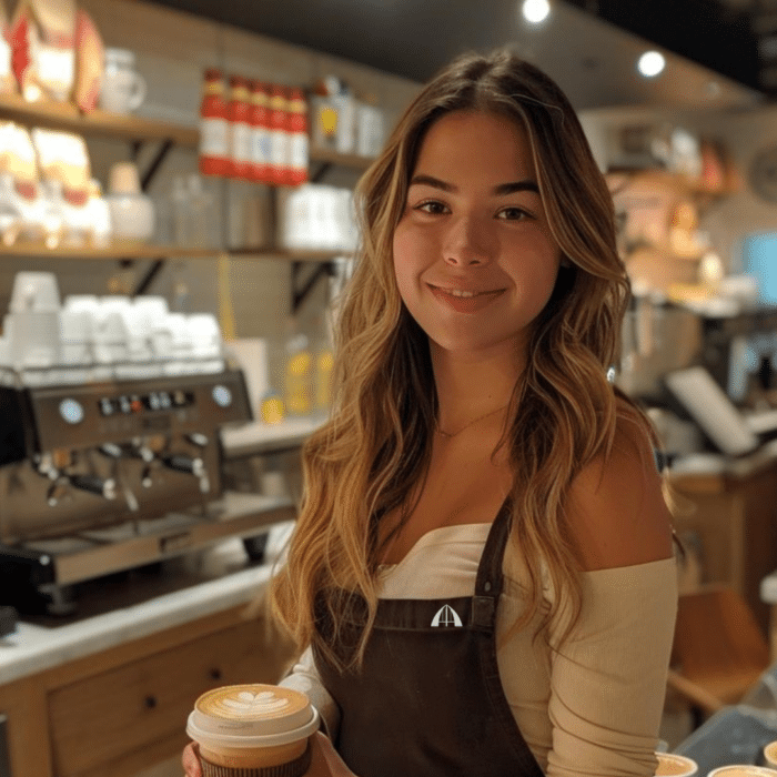 A barista holding a latte