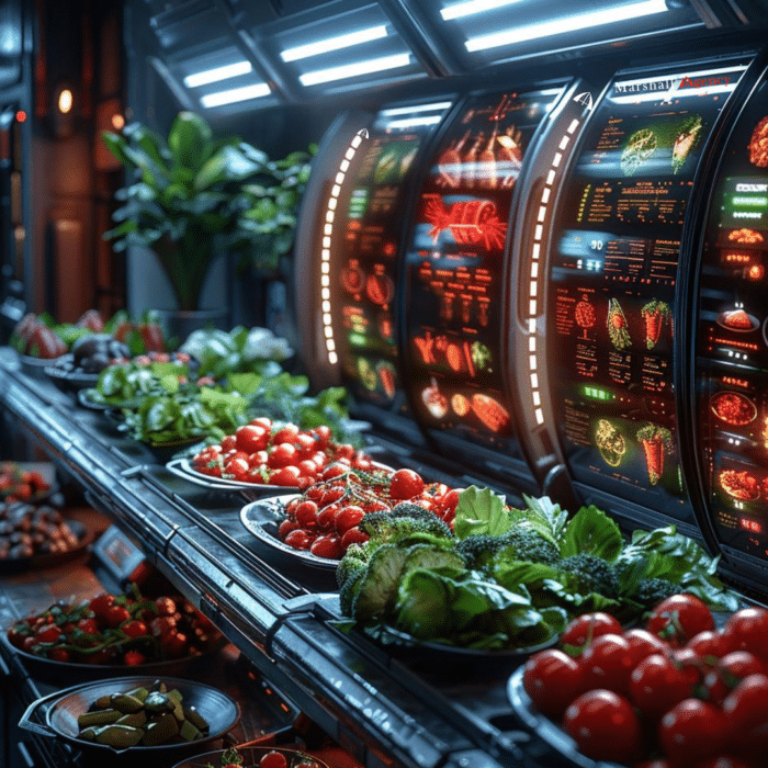 An Augmented Reality Menu Display showing several plates with vegetables and tomatoes